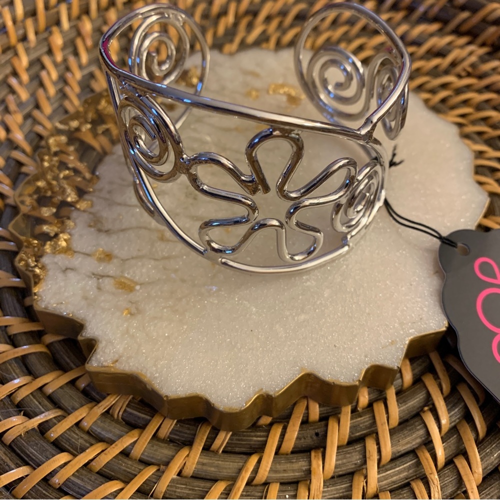 Floral Silver Tone Cuff Bracelet